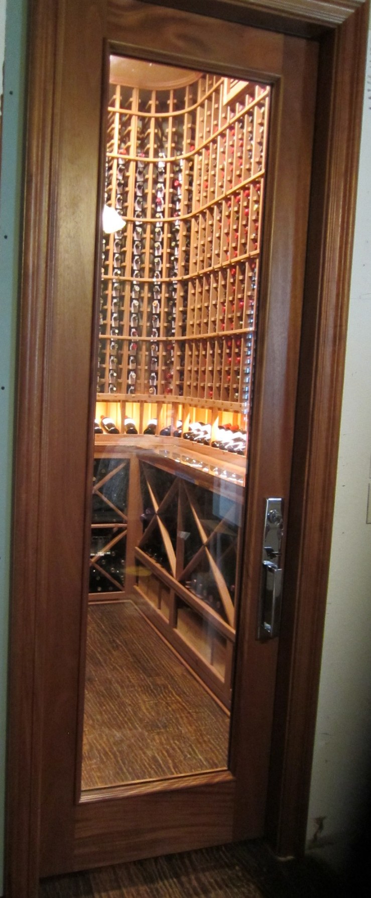 Barolo Glass Wine Cellar Door in Mahogany with Wheat Stain and Lacquer Designed by Orange County Master Builders