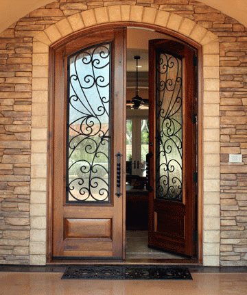 Glass Door with Wrought Iron and Wood Components Used in One of Projects in Orange County
