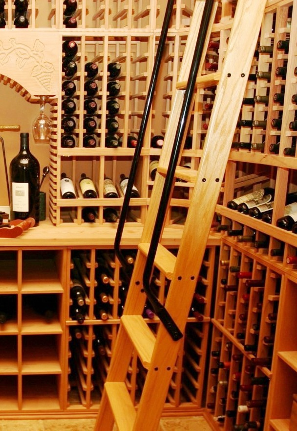 Wine Cellar Ladder with Metal Hand Rails Installed in a Home Wine Cellar in Orange County