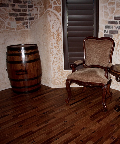 Wine Cellar Flooring from Reclaimed Wine Barrel Created for a Residential Home in Orange County