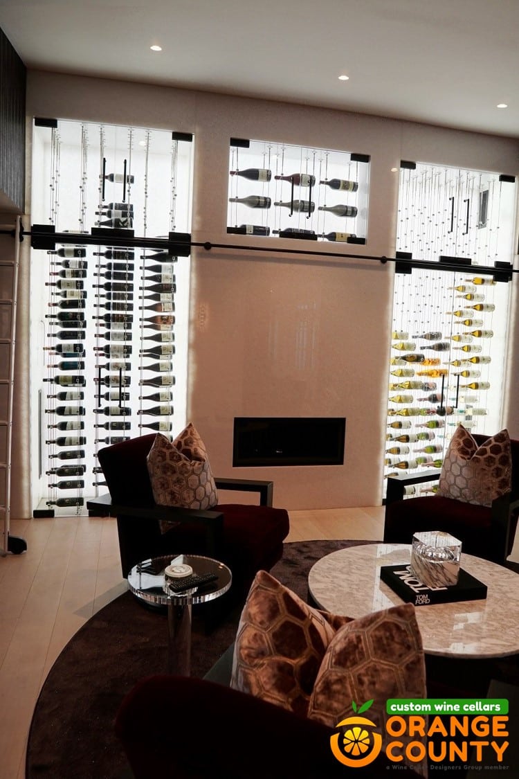 Tasting Table and Cable Wine Racking Incorporated into a Modern Wine Cellar design